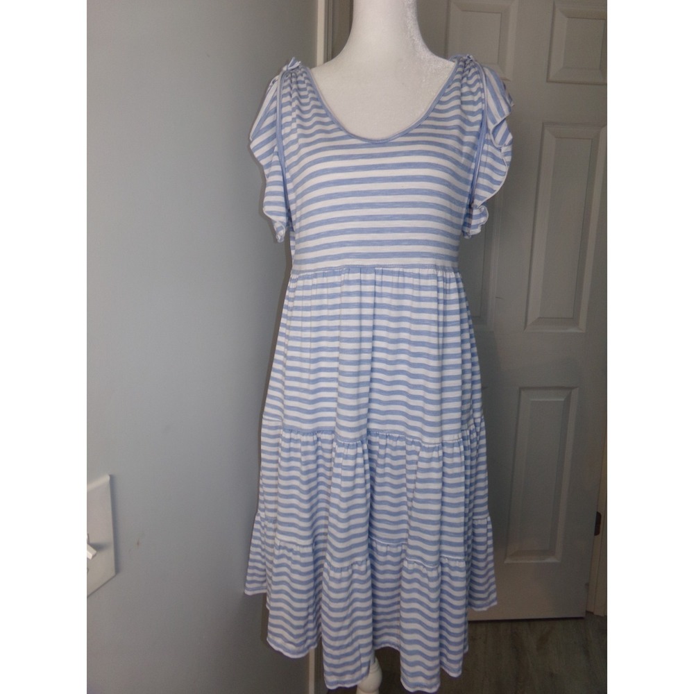 Max Studio Tiered Dress Lt Blue Striped Ruffle Sleeve Coastal Boho Coquette Sz L
